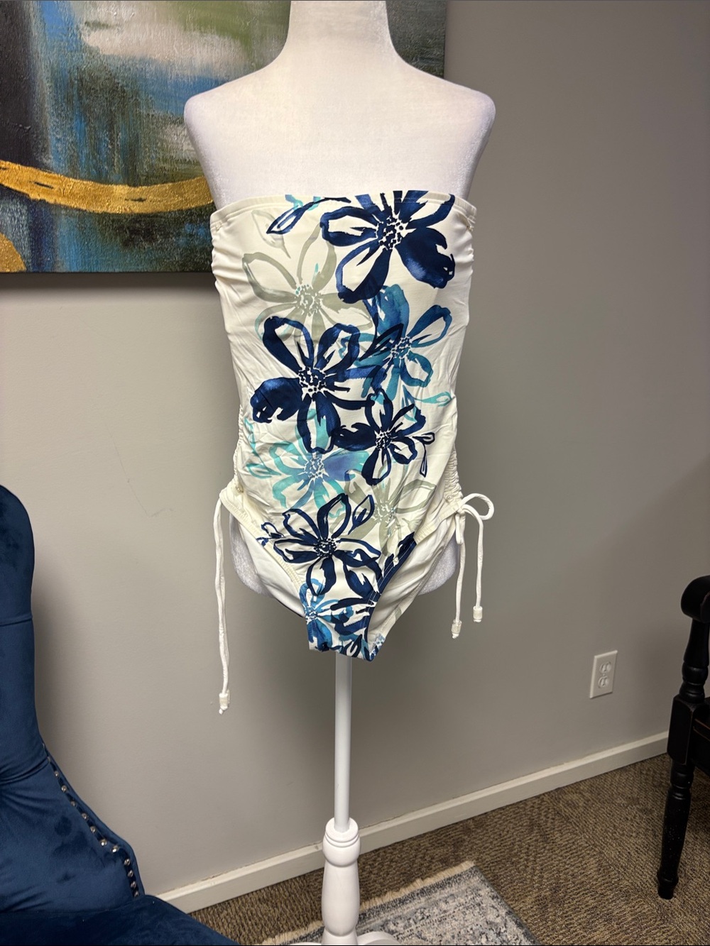 Strapless Floral One-Piece Swimsuit — White with Blue Floral Print